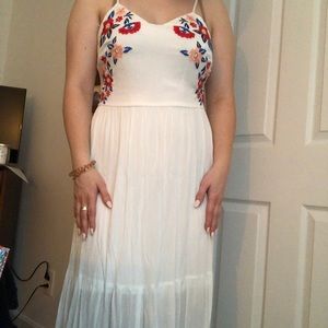 White maxi dress with blue and red flowers